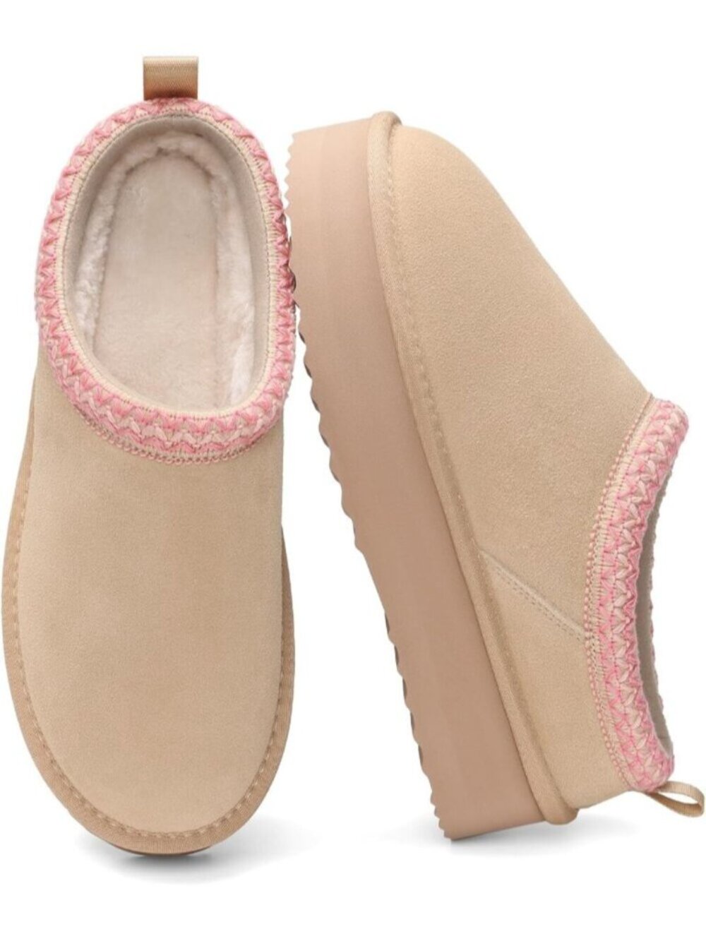 Women Beige Suede Slip On Lightweight Genuine Furry Platform House Slippers